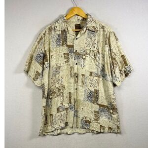 Bruno Silk Button Down‎ Shirt Mens XL Beige Brown Abstract Floral Short Sleeve